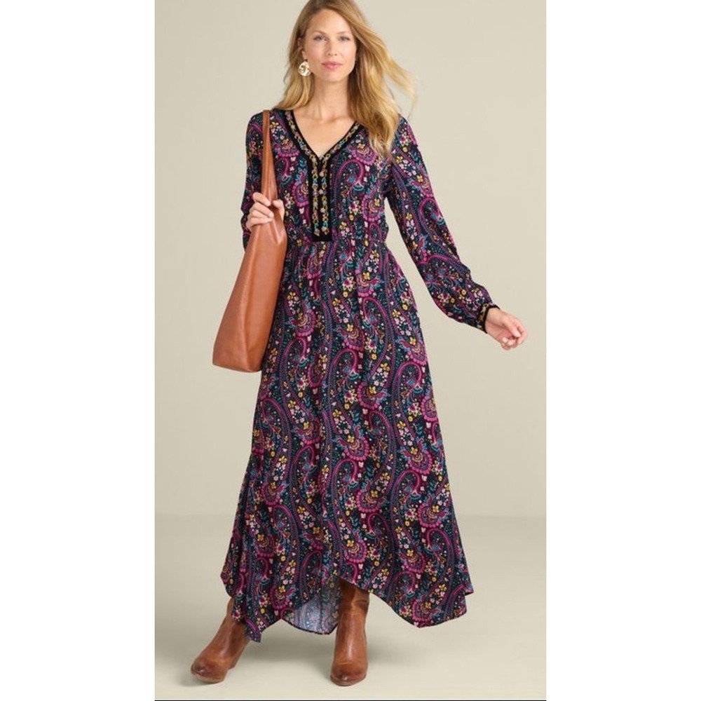 Soft Surroundings Paisley Floral Embroidered V-Neck Maxi Dress Black Pink Boho M